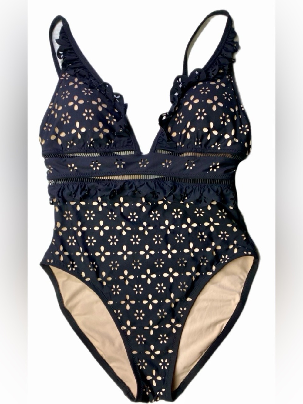 Scalloped ruffle plunging one-piece swimsuit in laser-cut eyelet women’s size 6